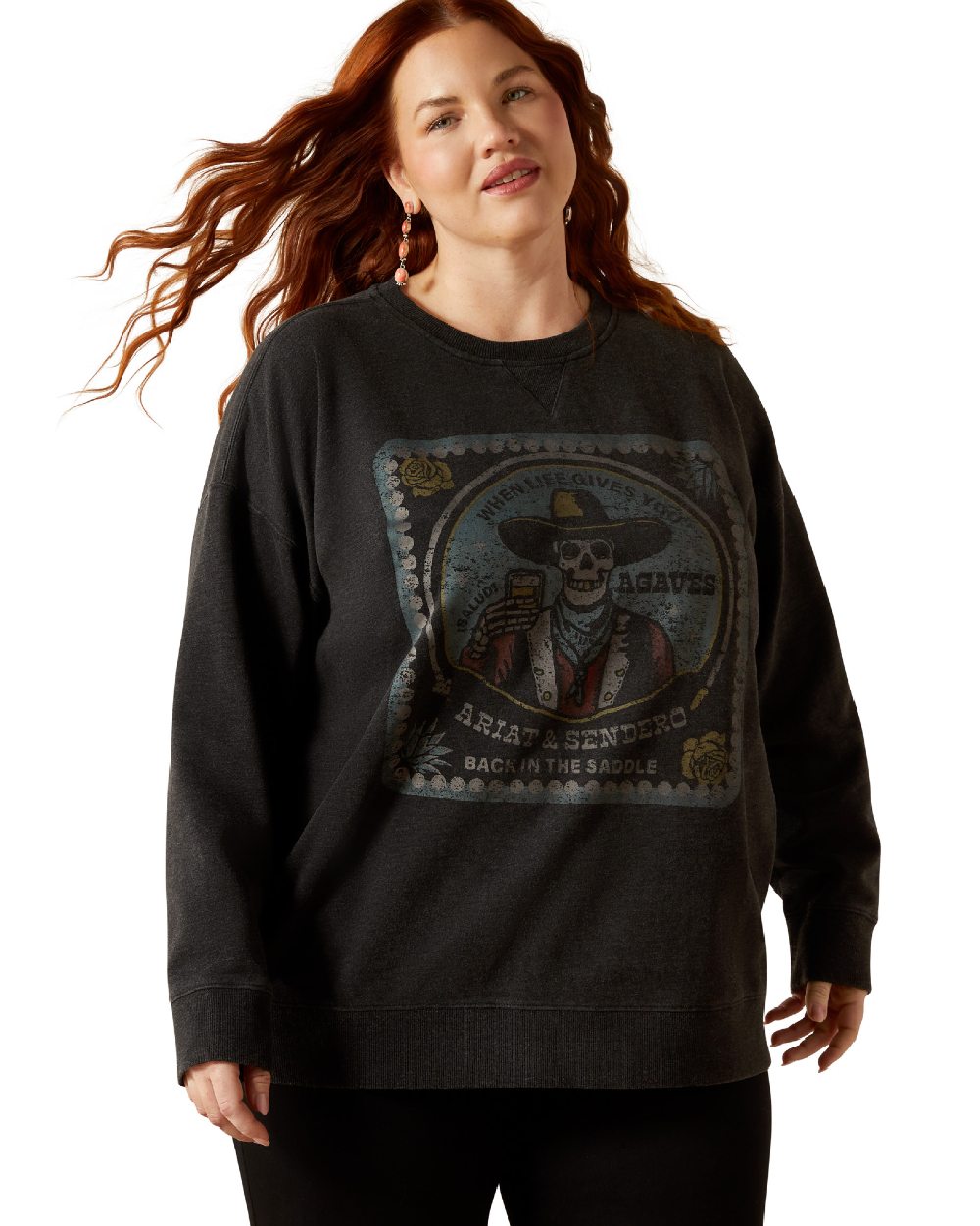 Black Mineral Wash Coloured Ariat Womens Oversize Sendero When Life Gives You Agaves Sweatshirt on white background 