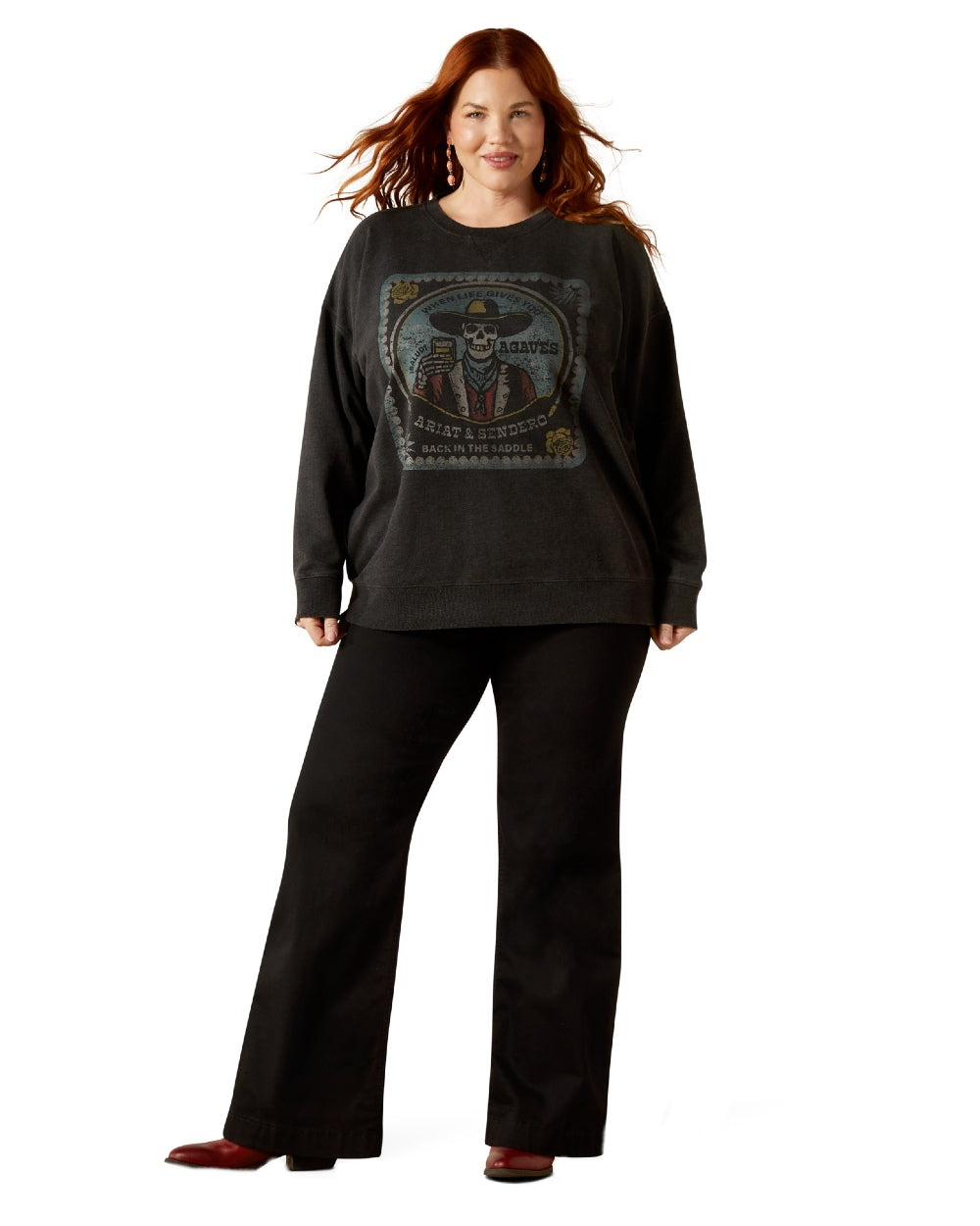 Black Mineral Wash Coloured Ariat Womens Oversize Sendero When Life Gives You Agaves Sweatshirt on white background 