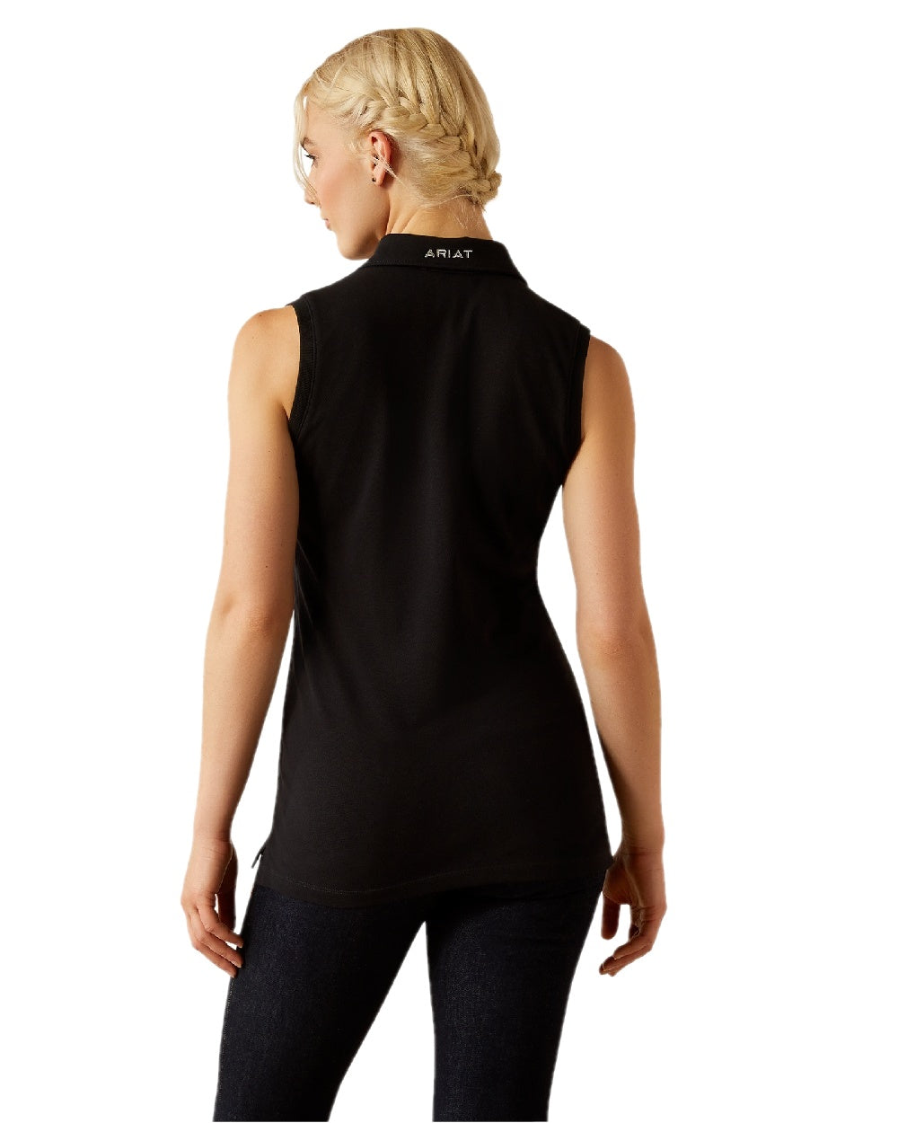 Black coloured Ariat Womens Prix 3.0 Sleeveless Polo Shirt on white background 