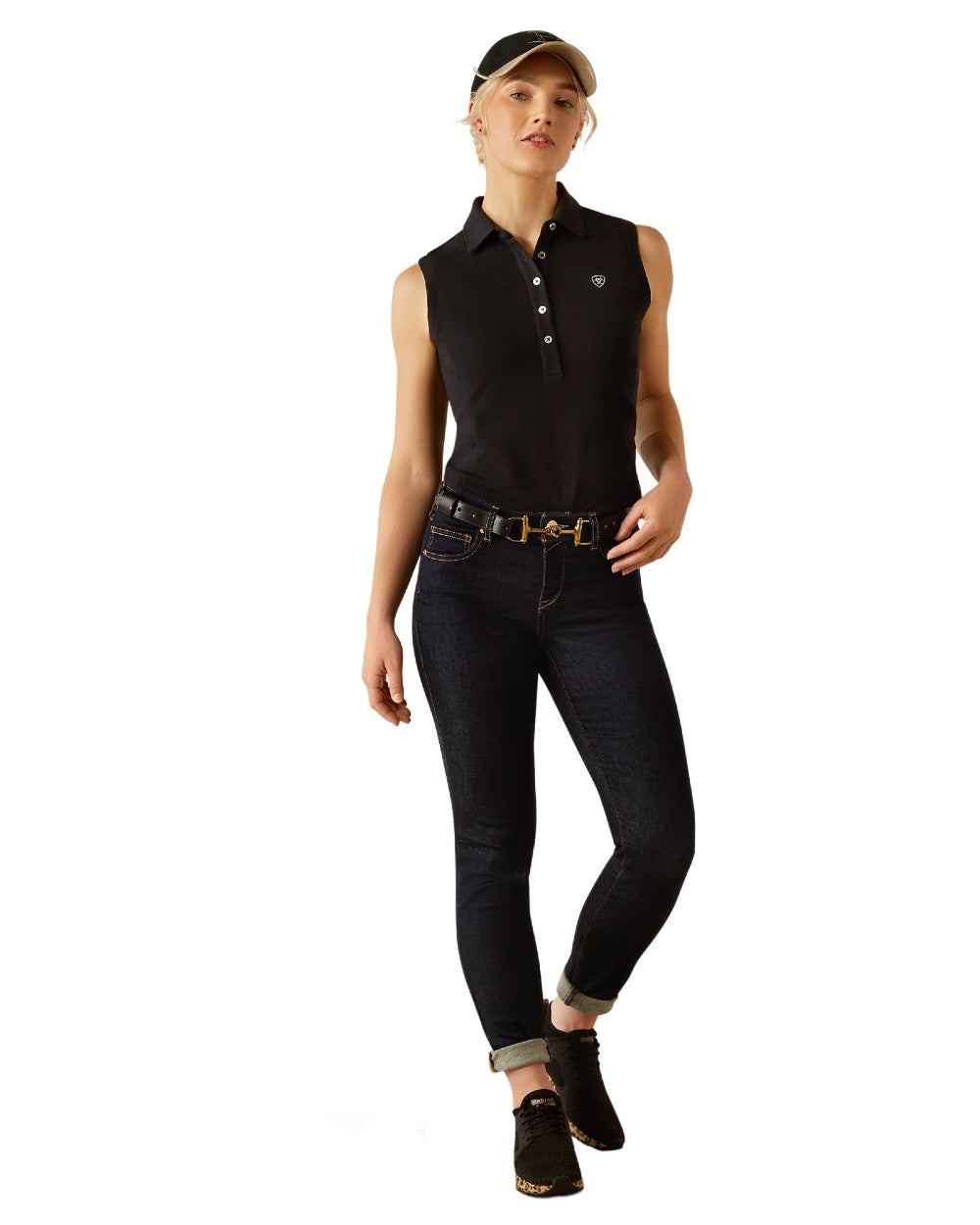 Black coloured Ariat Womens Prix 3.0 Sleeveless Polo Shirt on white background 