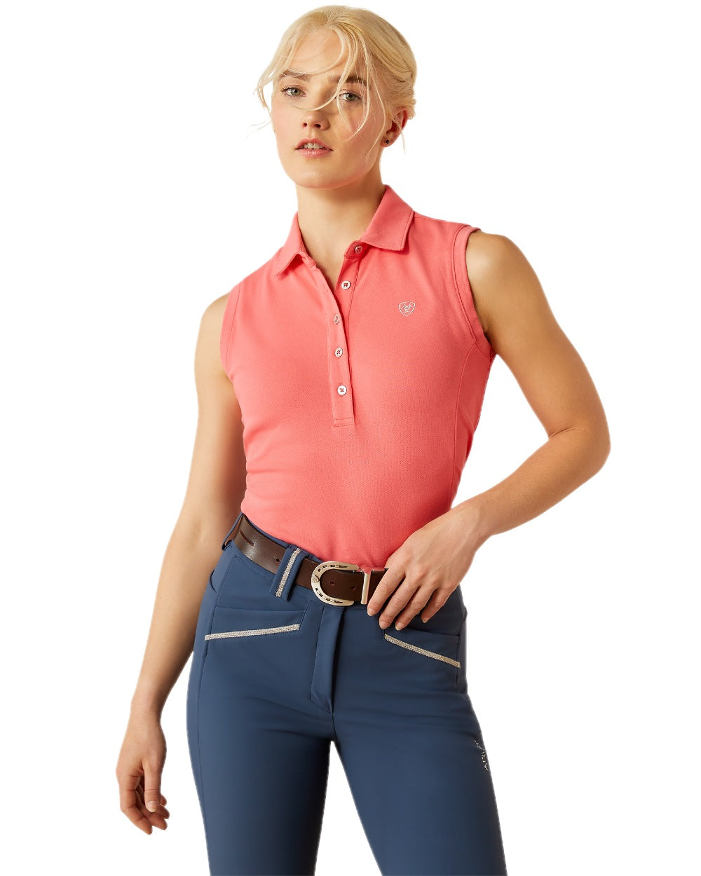 Coral Paradise coloured Ariat Womens Prix 3.0 Sleeveless Polo Shirt on white background 