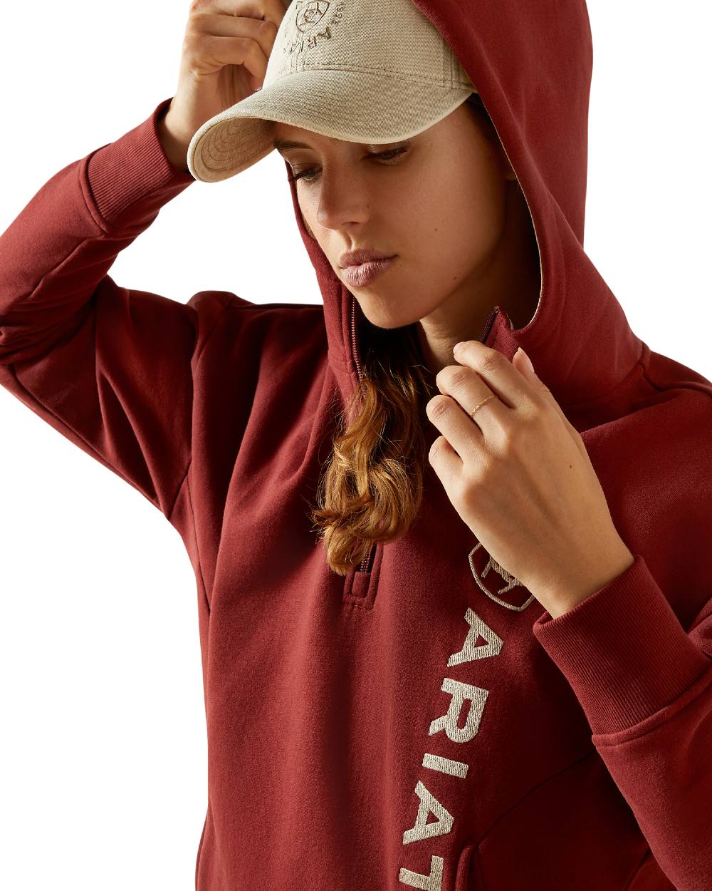 Madder Brown Coloured Ariat Womens Rabere 2.0 Hoodie on white background 