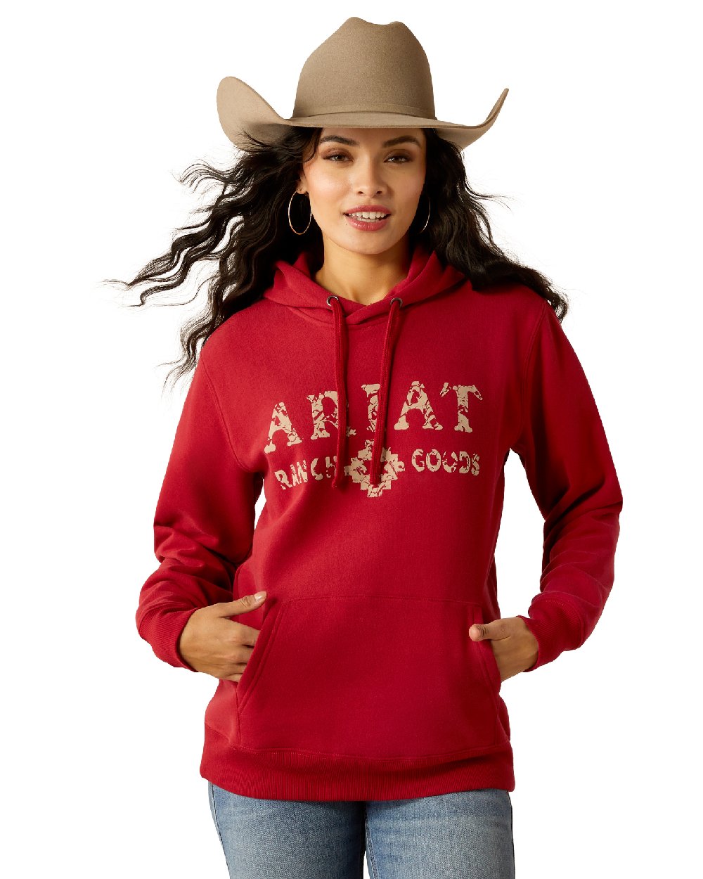 Rio Red Coloured Ariat Womens Ranch Goods Hoodie on white background 