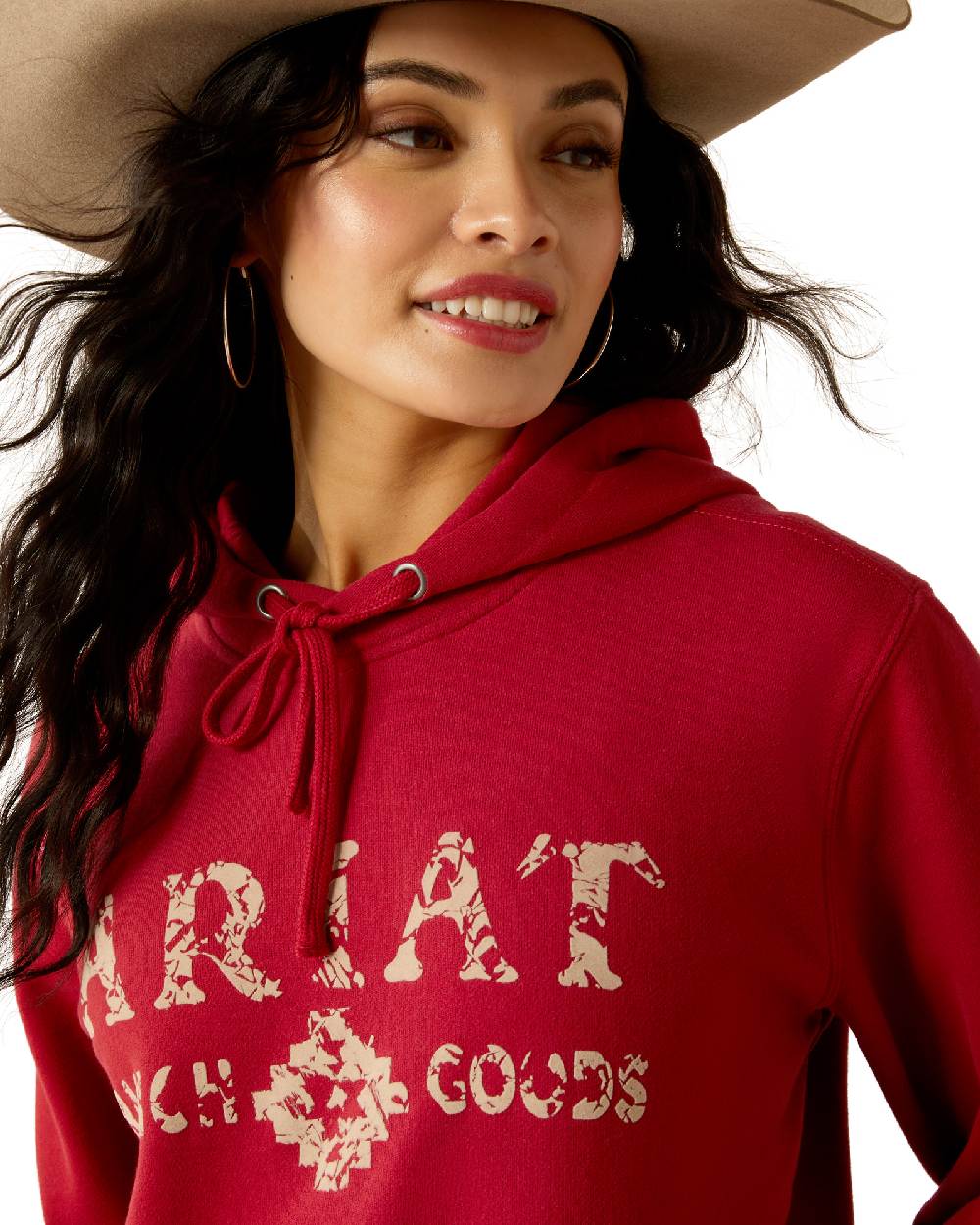 Rio Red Coloured Ariat Womens Ranch Goods Hoodie on white background 