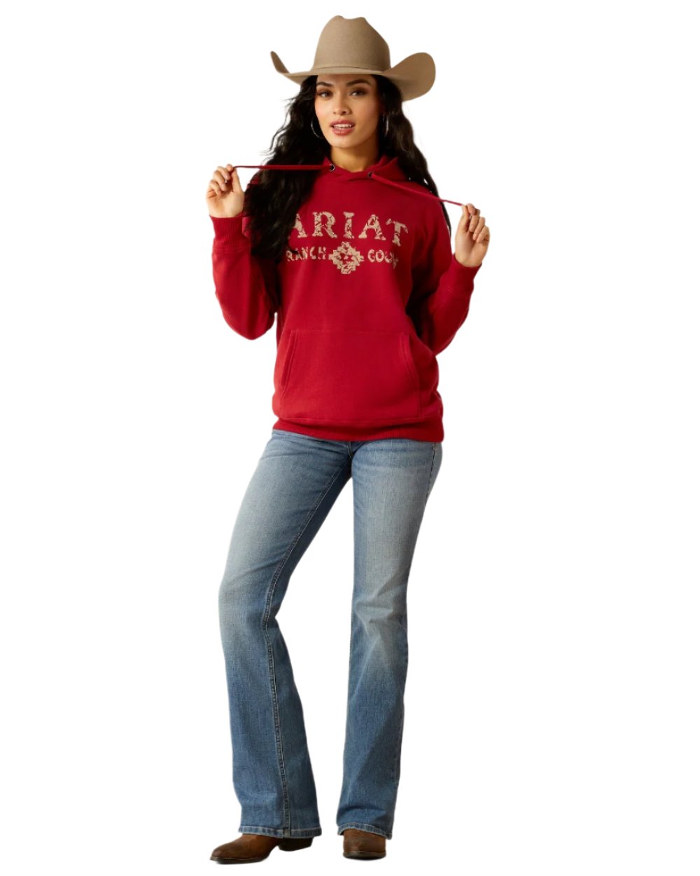 Rio Red Coloured Ariat Womens Ranch Goods Hoodie on white background 