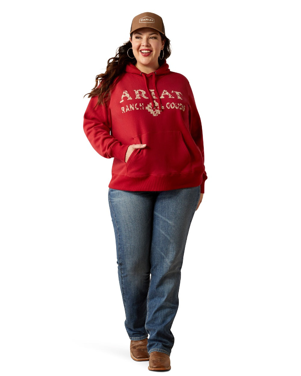 Rio Red Coloured Ariat Womens Ranch Goods Hoodie on white background 