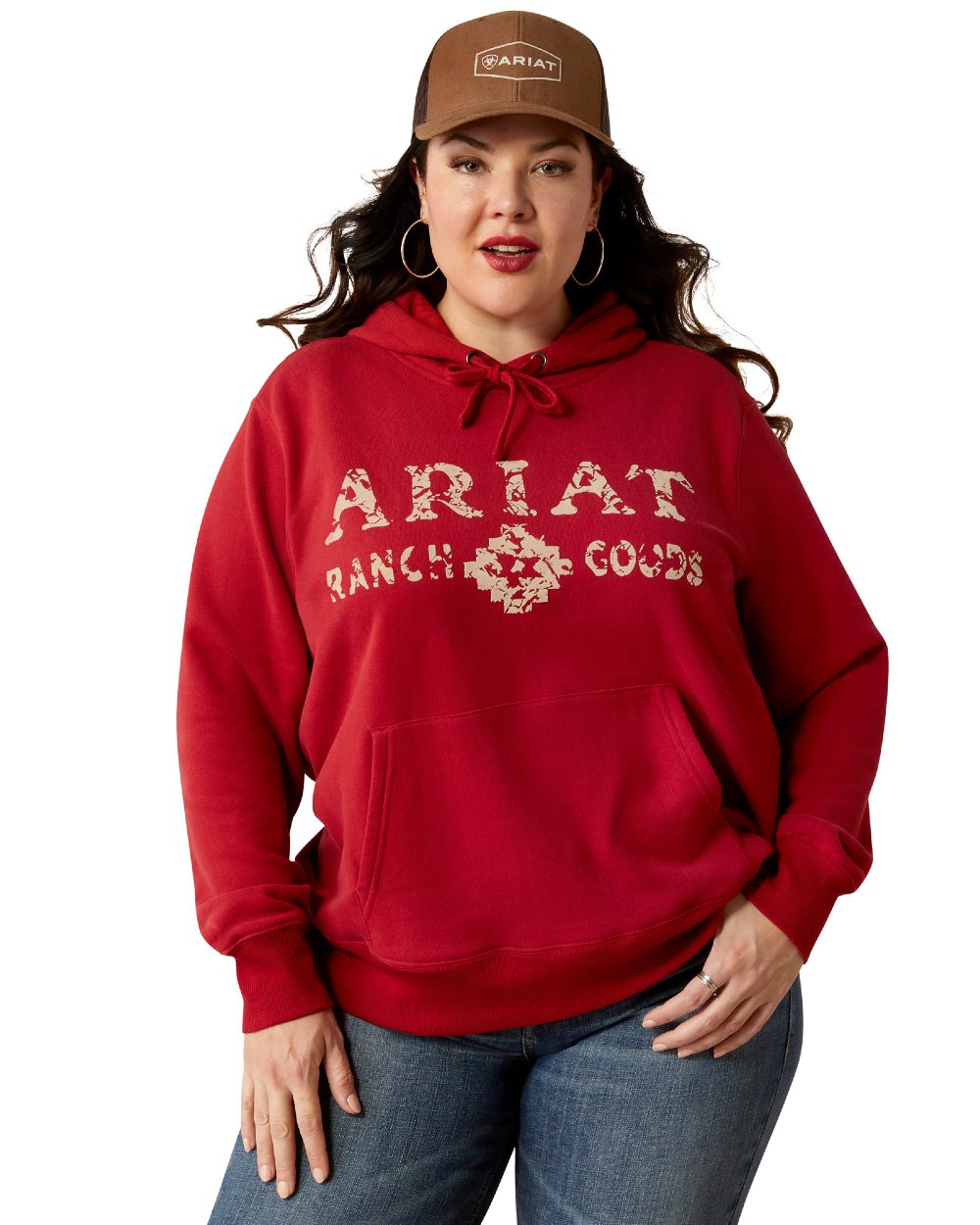 Rio Red Coloured Ariat Womens Ranch Goods Hoodie on white background 