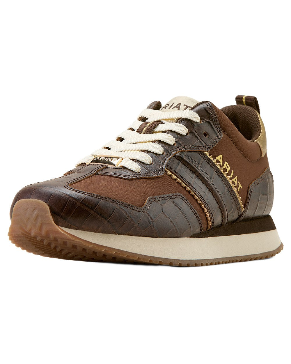 Aged Tan coloured Ariat Womens Ranch Runner Shoes on white background 