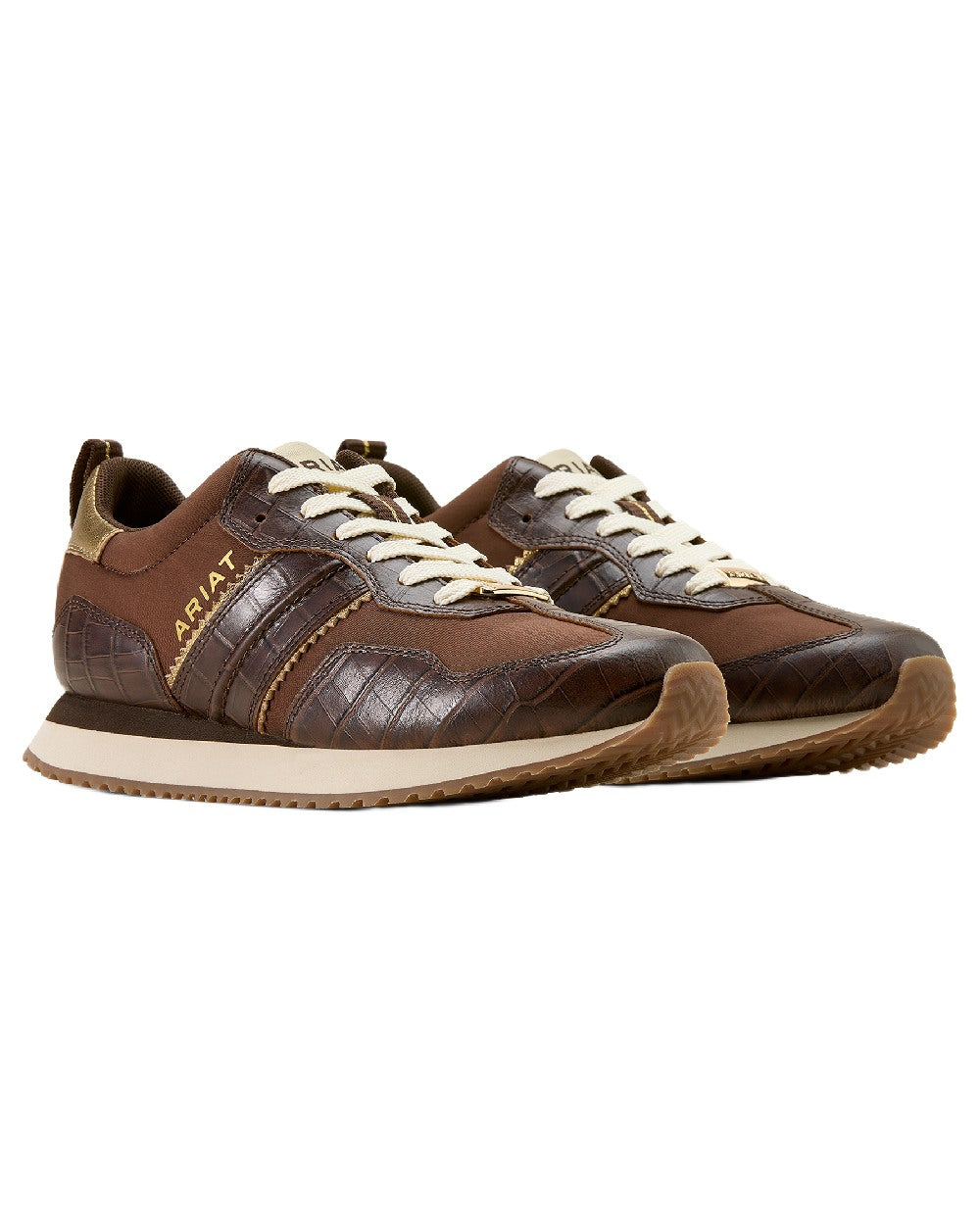 Aged Tan coloured Ariat Womens Ranch Runner Shoes on white background 