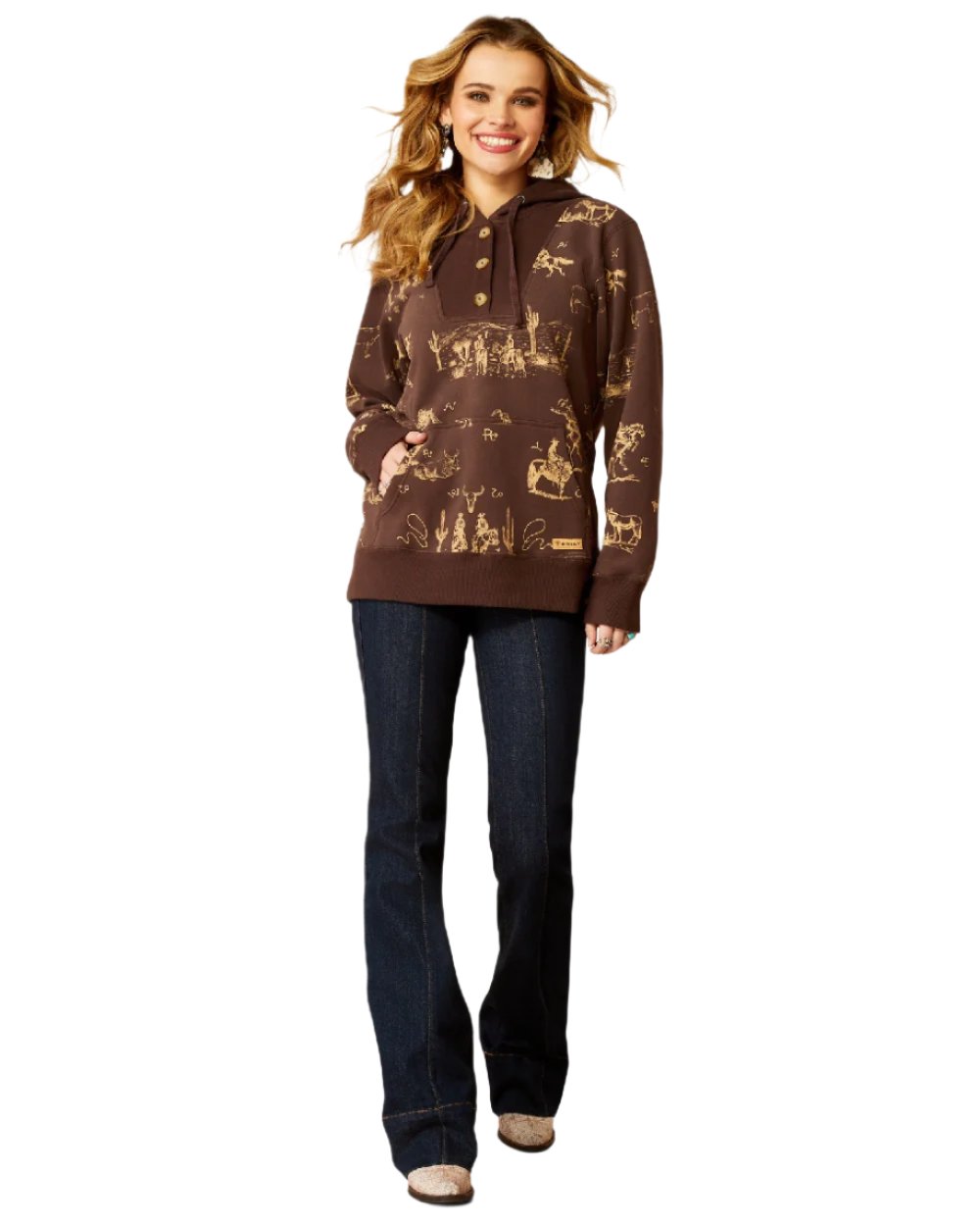 Ranchin Print Coloured Ariat Womens Ranchin Hoodie on white background 