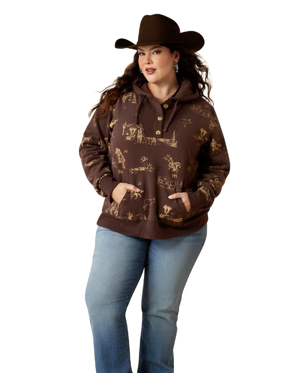 Ranchin Print Coloured Ariat Womens Ranchin Hoodie on white background 