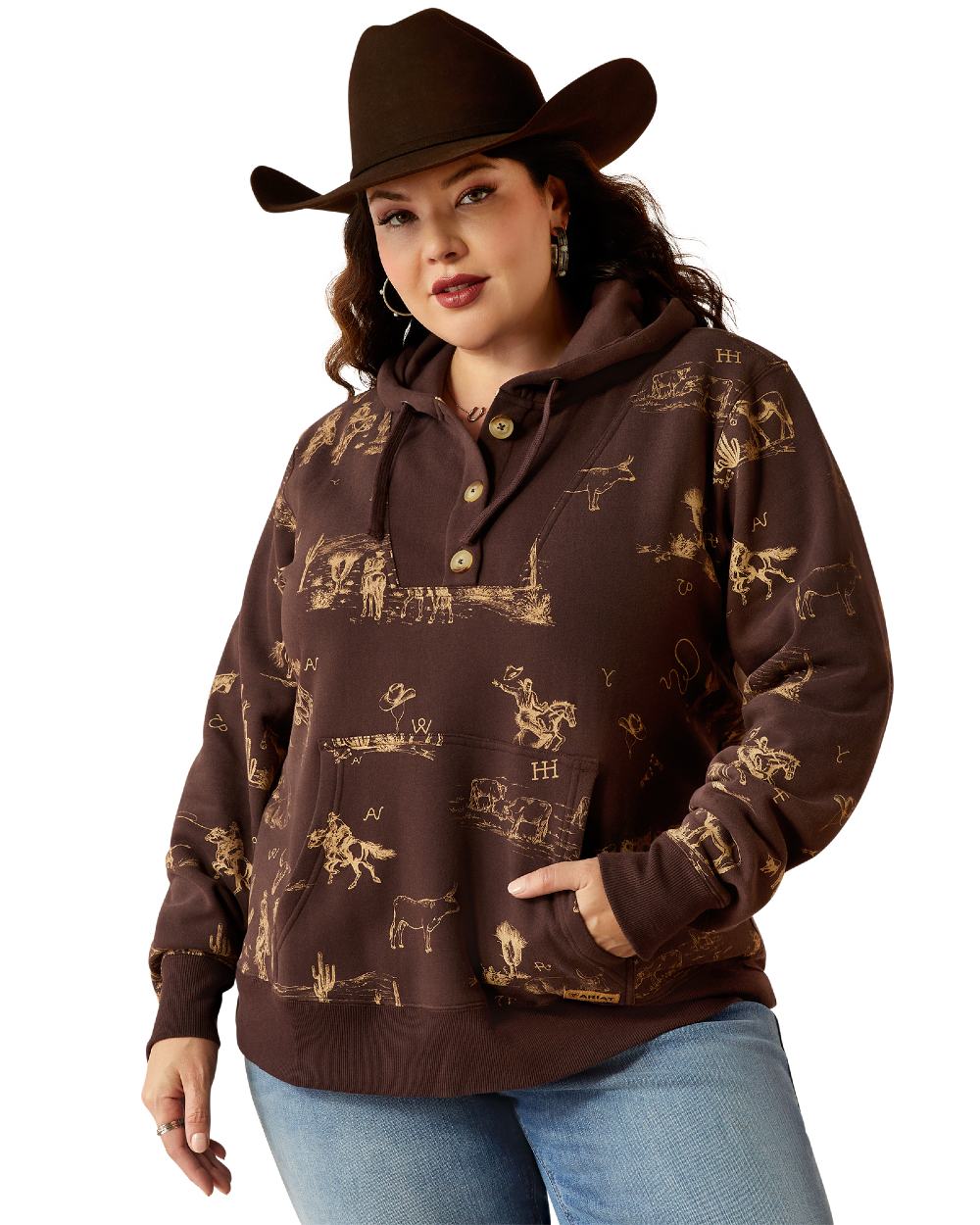 Ranchin Print Coloured Ariat Womens Ranchin Hoodie on white background 