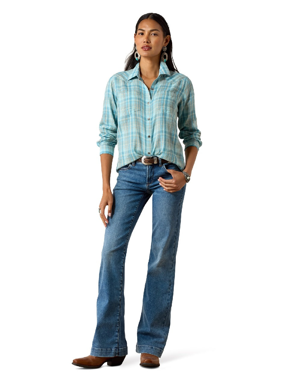 Adriatic Plaid coloured Ariat Womens Real Billie Jean Shirt on white background 