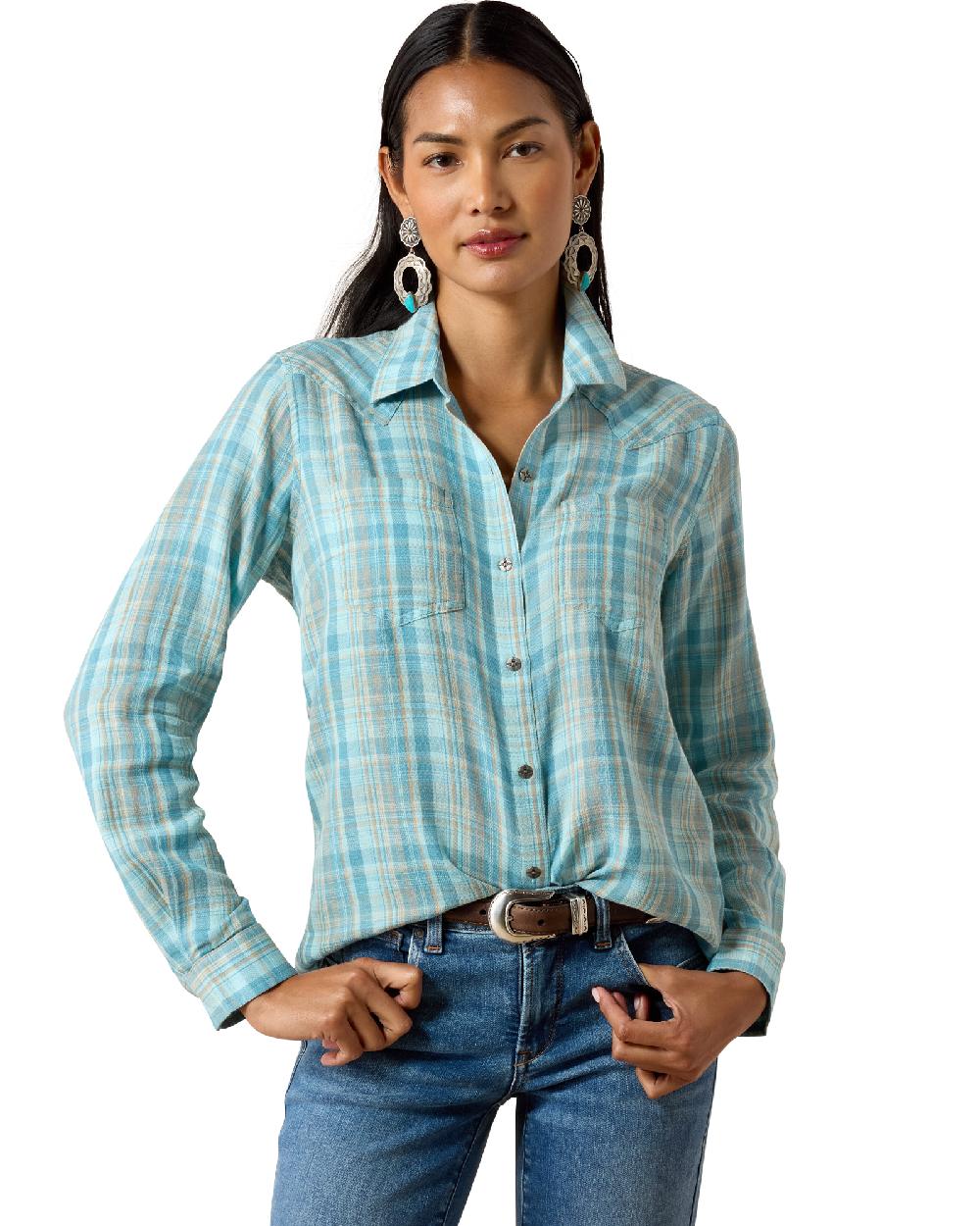 Adriatic Plaid coloured Ariat Womens Real Billie Jean Shirt on white background 