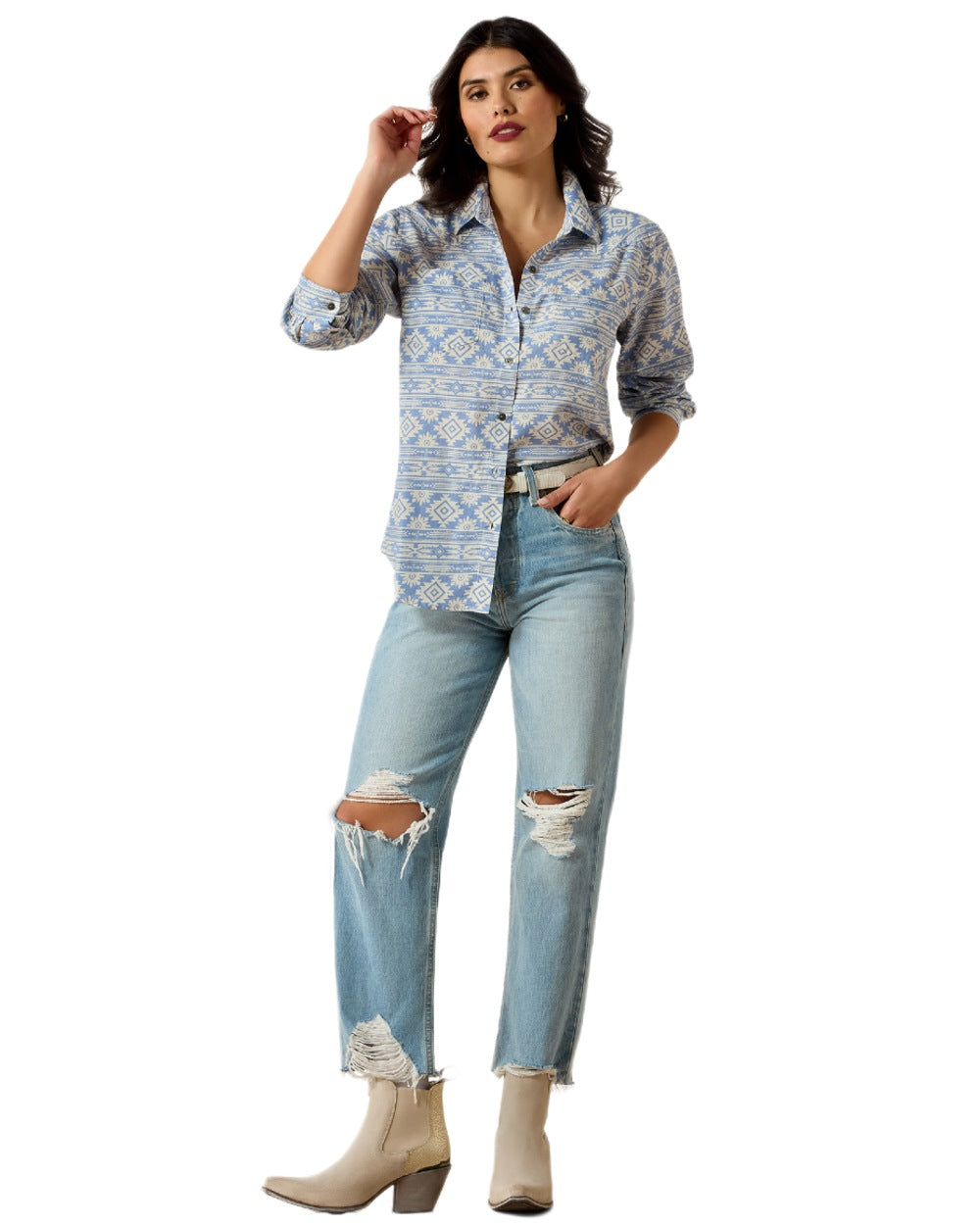 Ashleigh Blue Crystal Southwes Coloured Ariat Womens Real Billie Jean Shirt on white background 