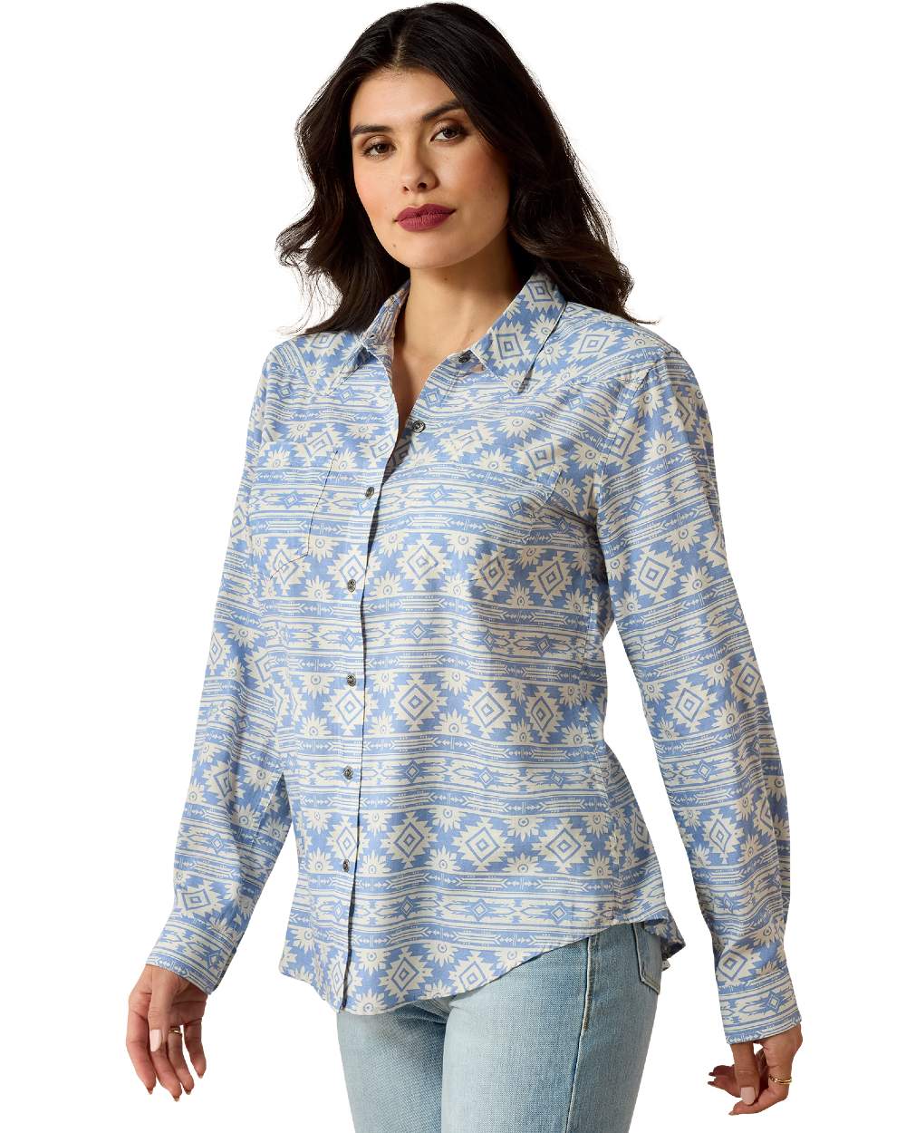 Ashleigh Blue Crystal Southwes Coloured Ariat Womens Real Billie Jean Shirt on white background 
