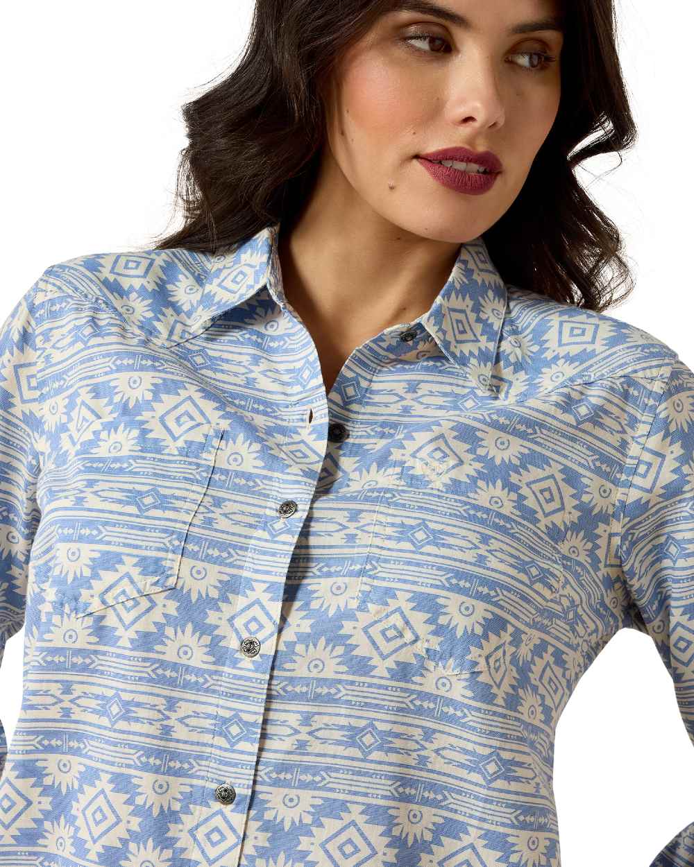 Ashleigh Blue Crystal Southwes Coloured Ariat Womens Real Billie Jean Shirt on white background 
