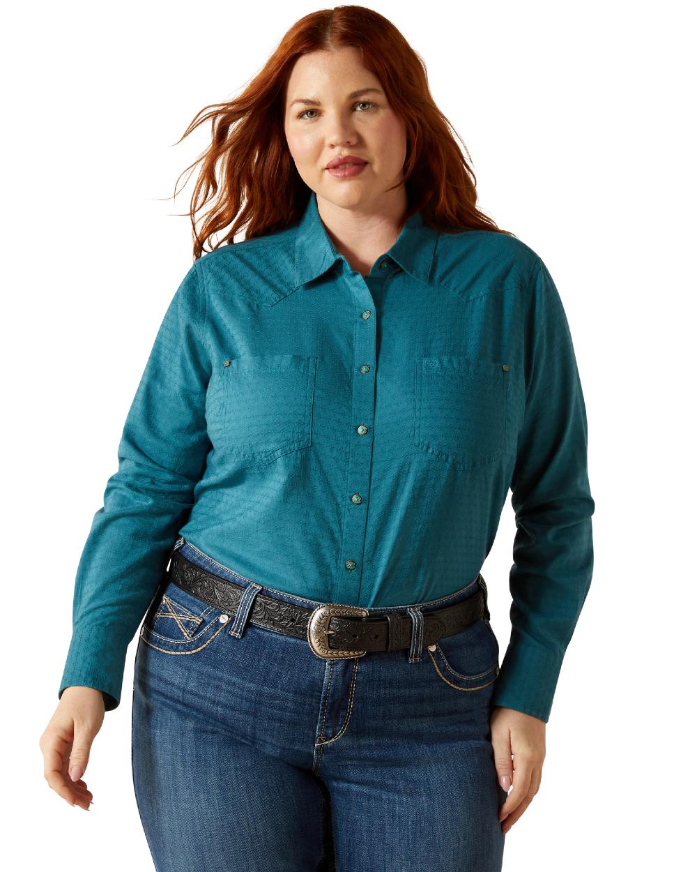 Dragonfly Dobby Coloured Ariat Womens Real Billie Jean Shirt on white background 