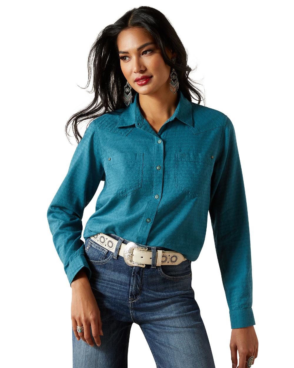 Dragonfly Dobby Coloured Ariat Womens Real Billie Jean Shirt on white background 