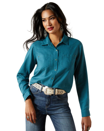 Dragonfly Dobby Coloured Ariat Womens Real Billie Jean Shirt on white background 