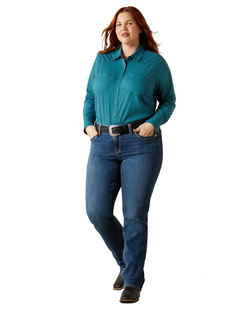 Dragonfly Dobby Coloured Ariat Womens Real Billie Jean Shirt on white background 