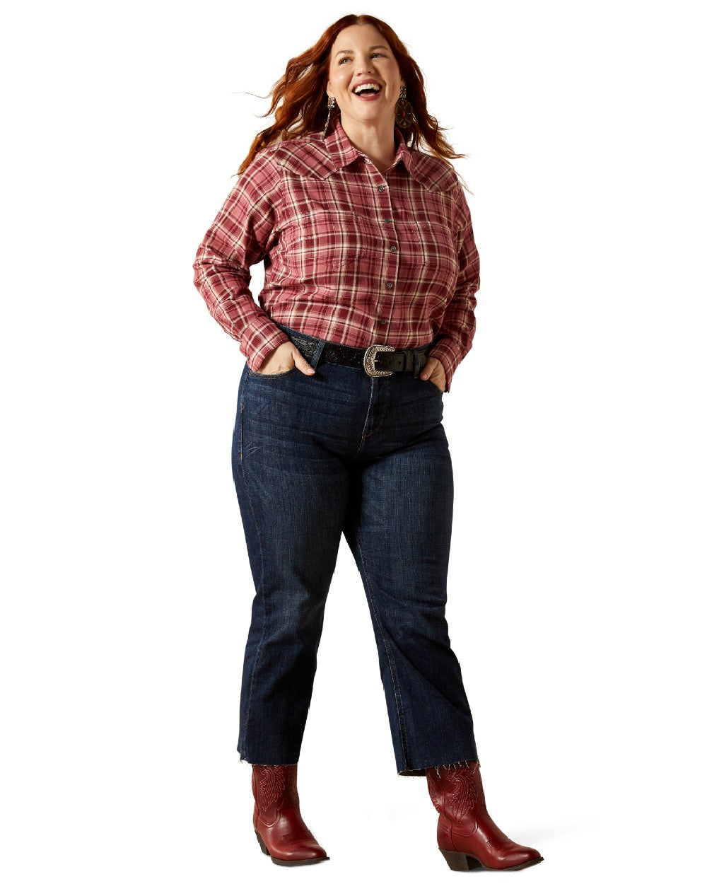 Sunkissed Plaid Coloured Ariat Womens Real Billie Jean Shirt on white background 