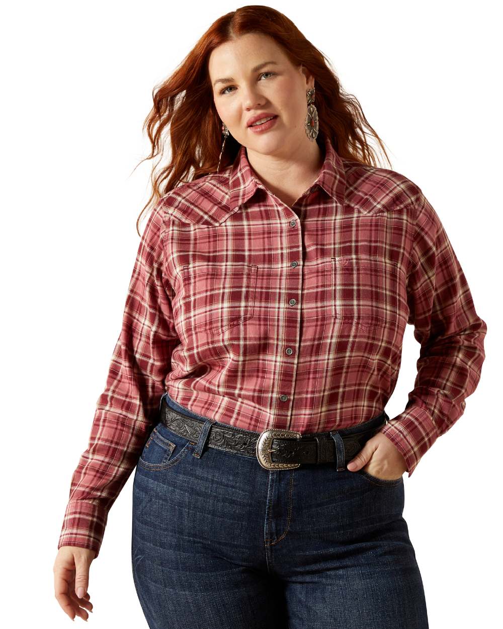 Sunkissed Plaid Coloured Ariat Womens Real Billie Jean Shirt on white background 