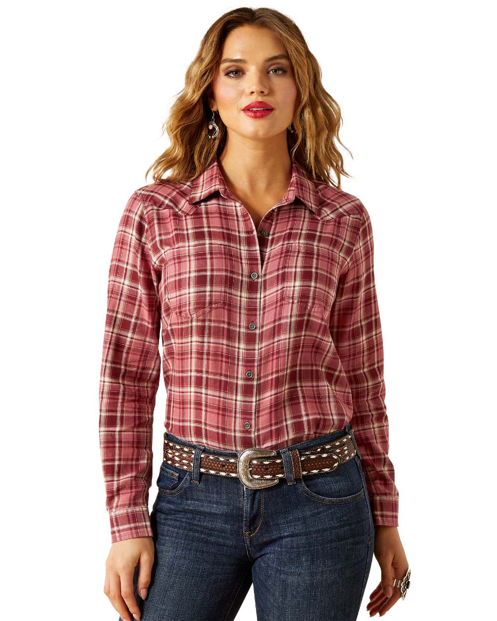 Sunkissed Plaid Coloured Ariat Womens Real Billie Jean Shirt on white background 