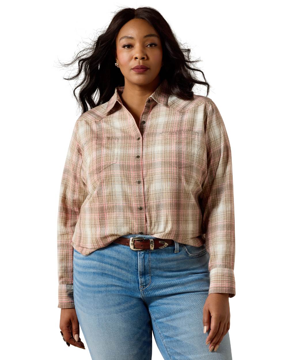 White Pepper Coral Plaid Coloured Ariat Womens Real Billie Jean Shirt on white background 