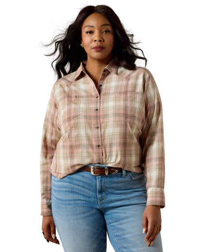 White Pepper Coral Plaid Coloured Ariat Womens Real Billie Jean Shirt on white background 