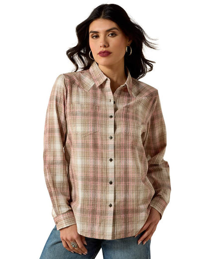 White Pepper Coral Plaid Coloured Ariat Womens Real Billie Jean Shirt on white background 