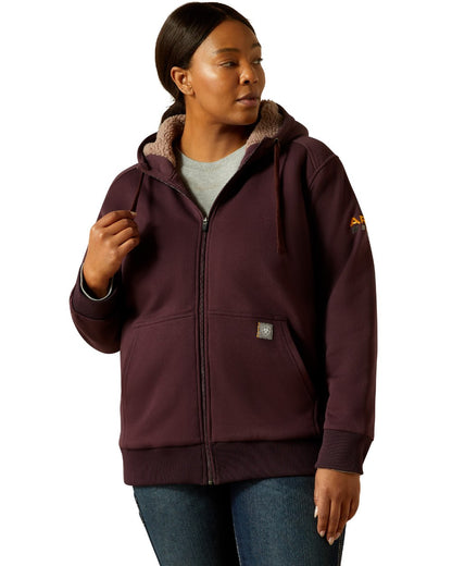 Fudge Coloured Ariat Womens Rebar All-Weather Sherpa Full Zip Hoodie on white background 
