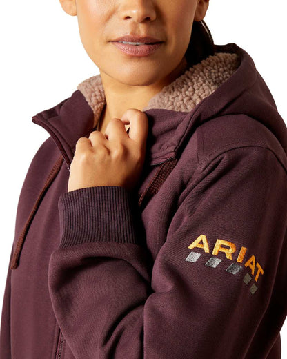 Fudge Coloured Ariat Womens Rebar All-Weather Sherpa Full Zip Hoodie on white background 