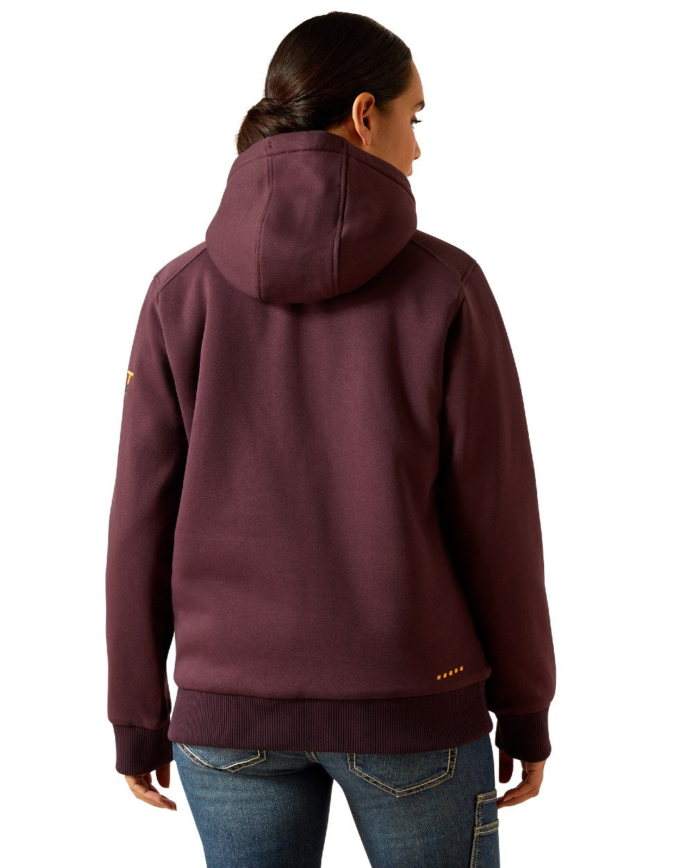 Fudge Coloured Ariat Womens Rebar All-Weather Sherpa Full Zip Hoodie on white background 