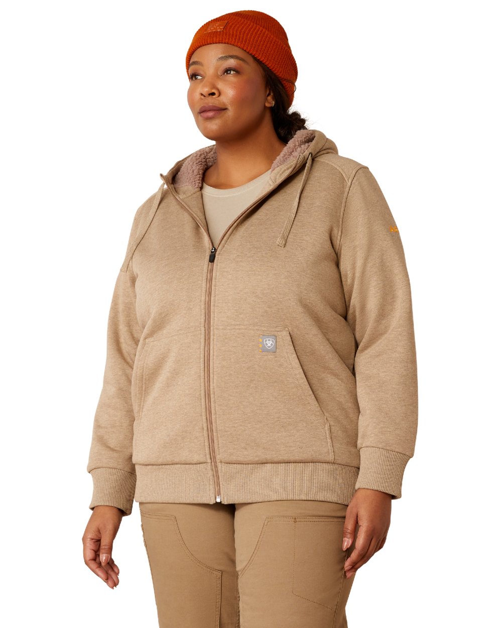 Oatmeal Heather Coloured Ariat Womens Rebar All-Weather Sherpa Full Zip Hoodie on white background 