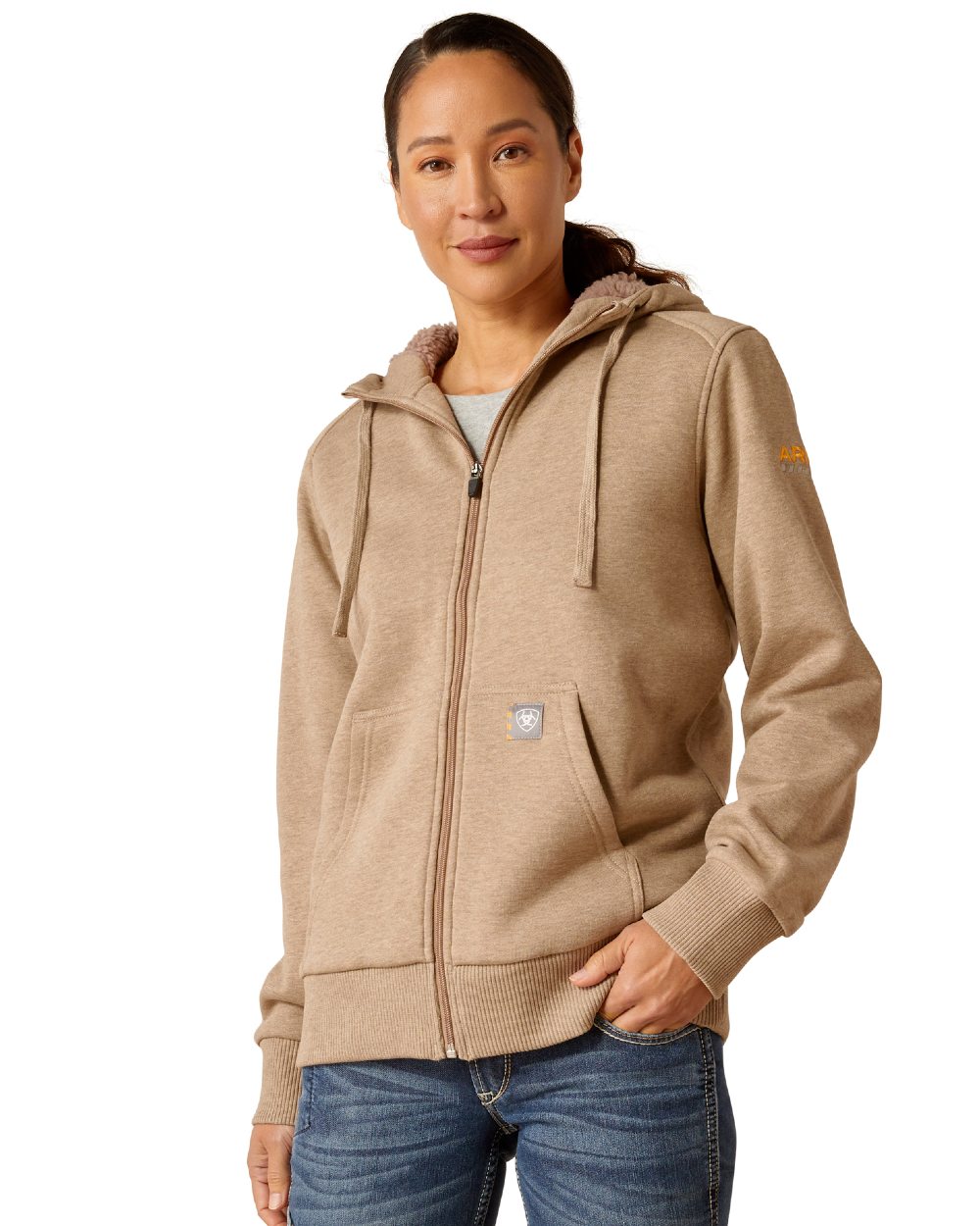 Oatmeal Heather Coloured Ariat Womens Rebar All-Weather Sherpa Full Zip Hoodie on white background 