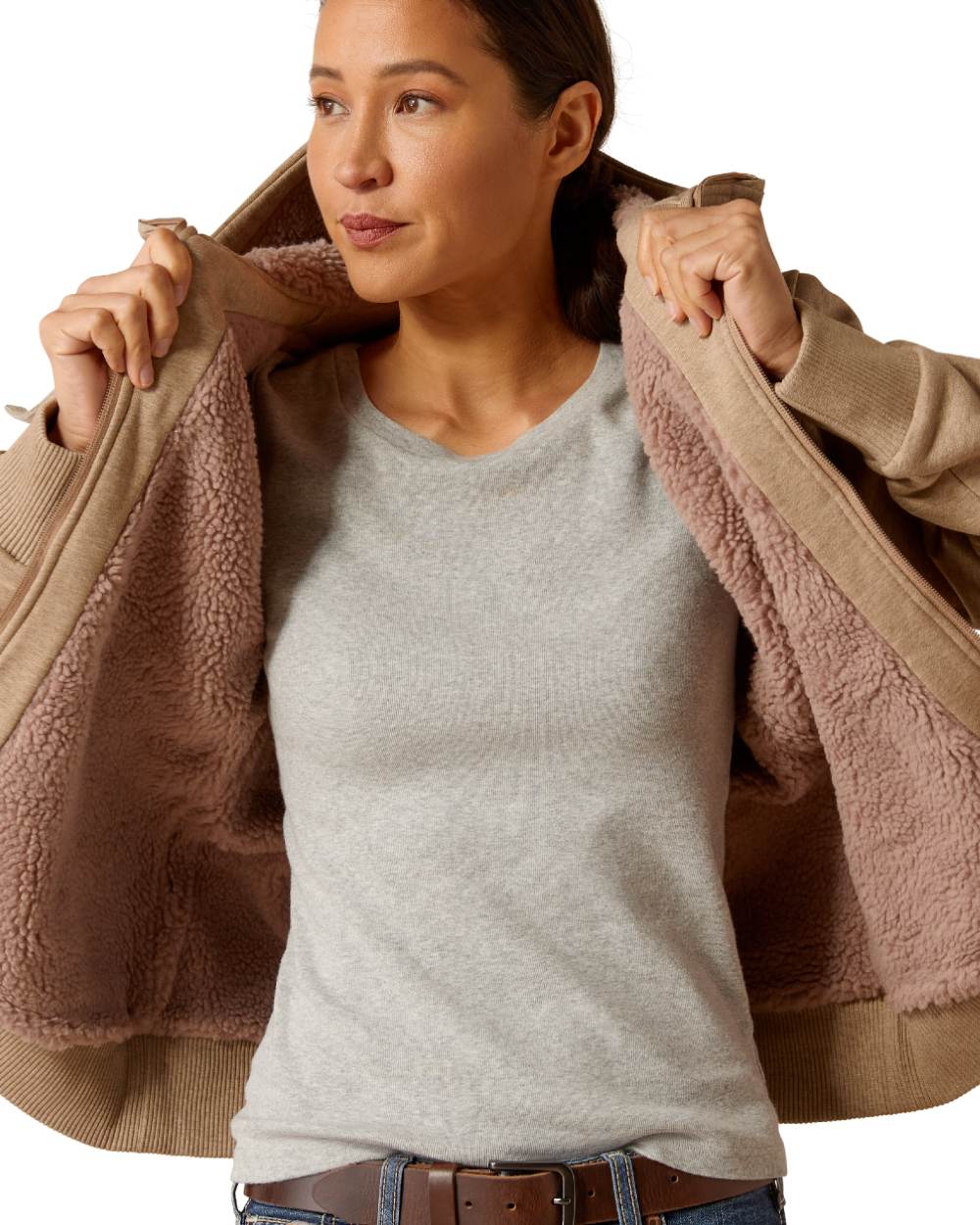 Oatmeal Heather Coloured Ariat Womens Rebar All-Weather Sherpa Full Zip Hoodie on white background 
