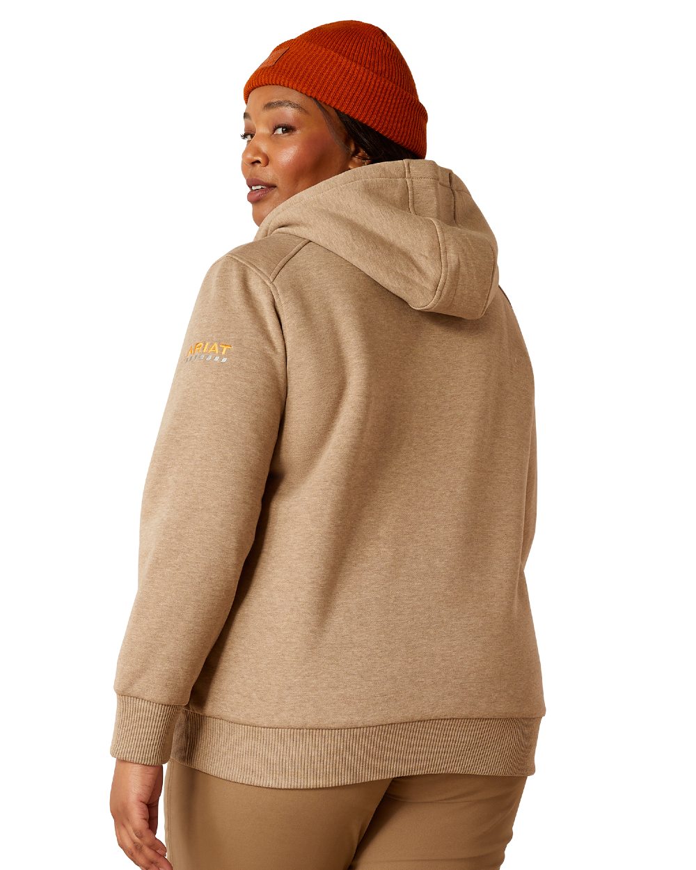 Oatmeal Heather Coloured Ariat Womens Rebar All-Weather Sherpa Full Zip Hoodie on white background 