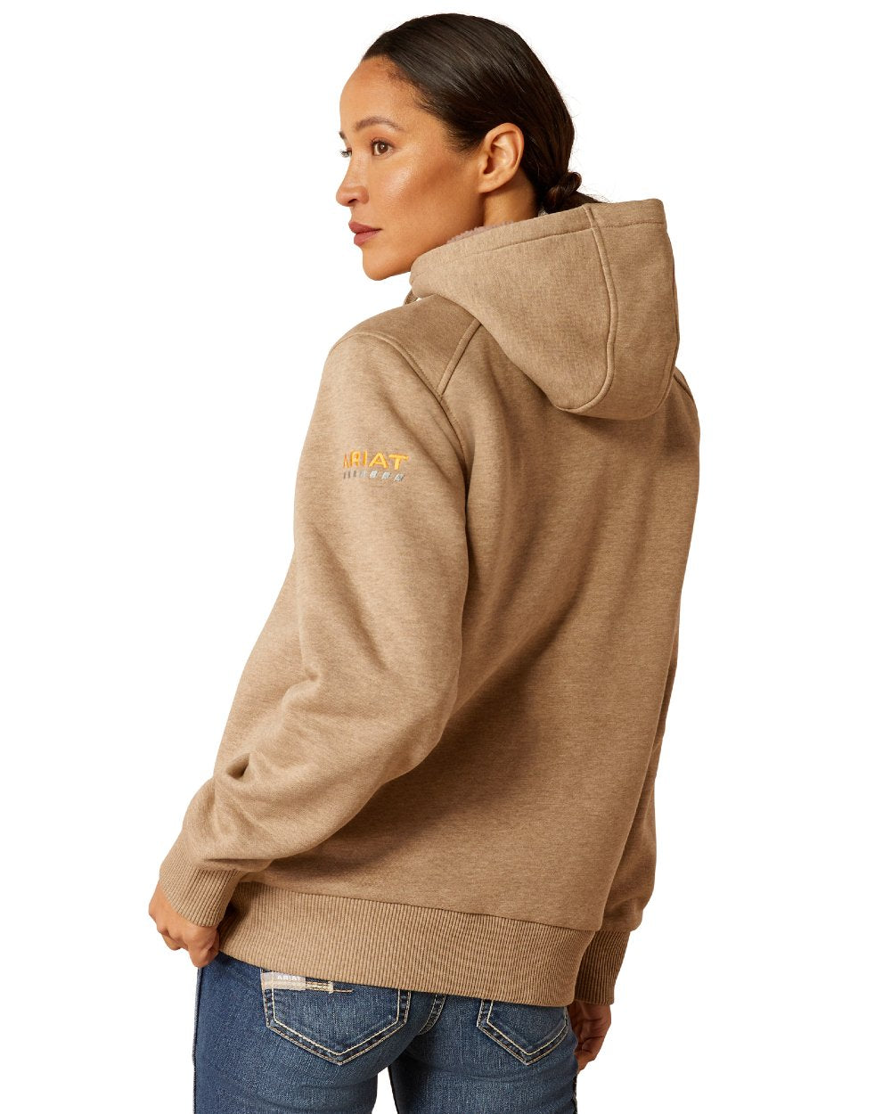 Oatmeal Heather Coloured Ariat Womens Rebar All-Weather Sherpa Full Zip Hoodie on white background 