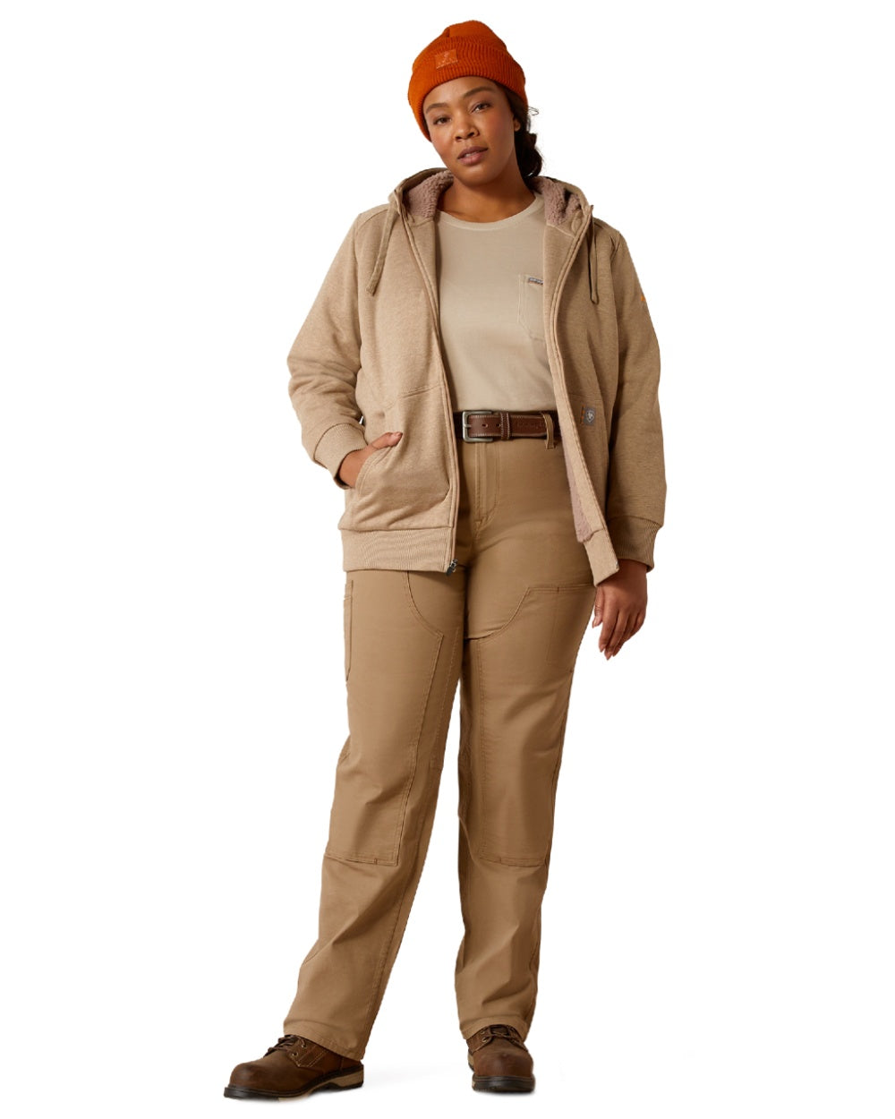 Oatmeal Heather Coloured Ariat Womens Rebar All-Weather Sherpa Full Zip Hoodie on white background 