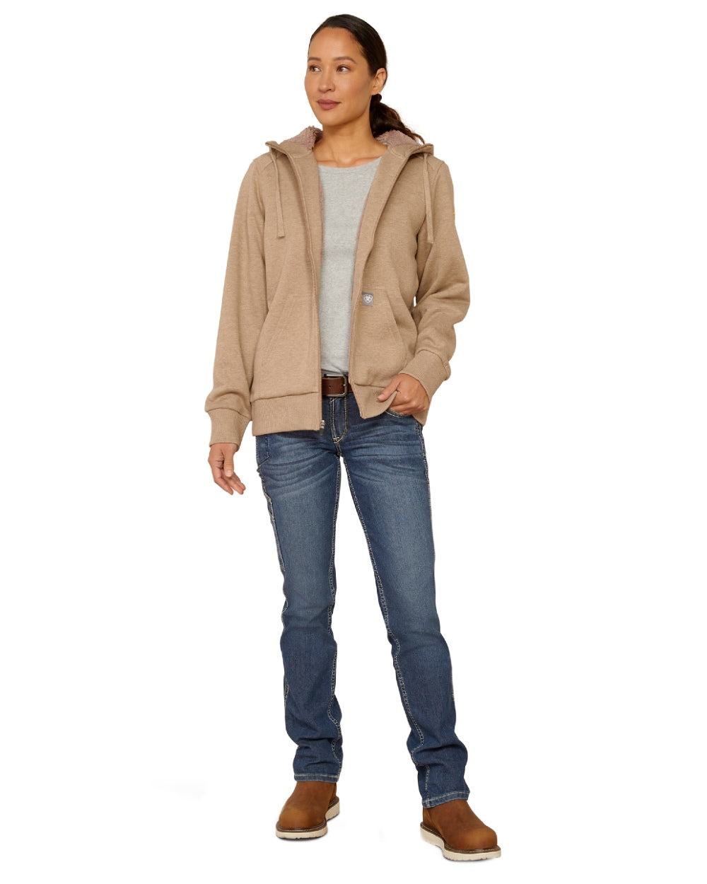 Oatmeal Heather Coloured Ariat Womens Rebar All-Weather Sherpa Full Zip Hoodie on white background 