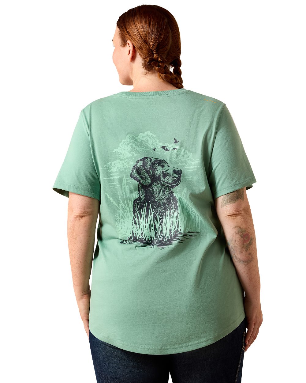 Malachite Green coloured Ariat Womens Rebar Workman Field Dog Classic Fit T-Shirt on white background 