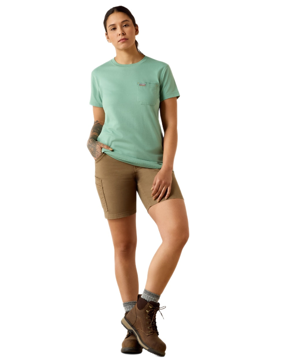 Malachite Green coloured Ariat Womens Rebar Workman Field Dog Classic Fit T-Shirt on white background 