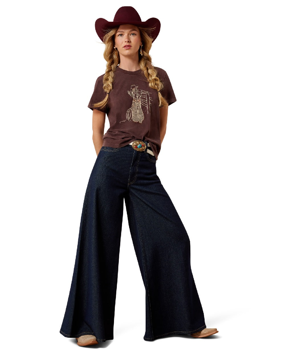 Chocolate Plum coloured Ariat Womens Rebel With A Cause T Shirt on white background 