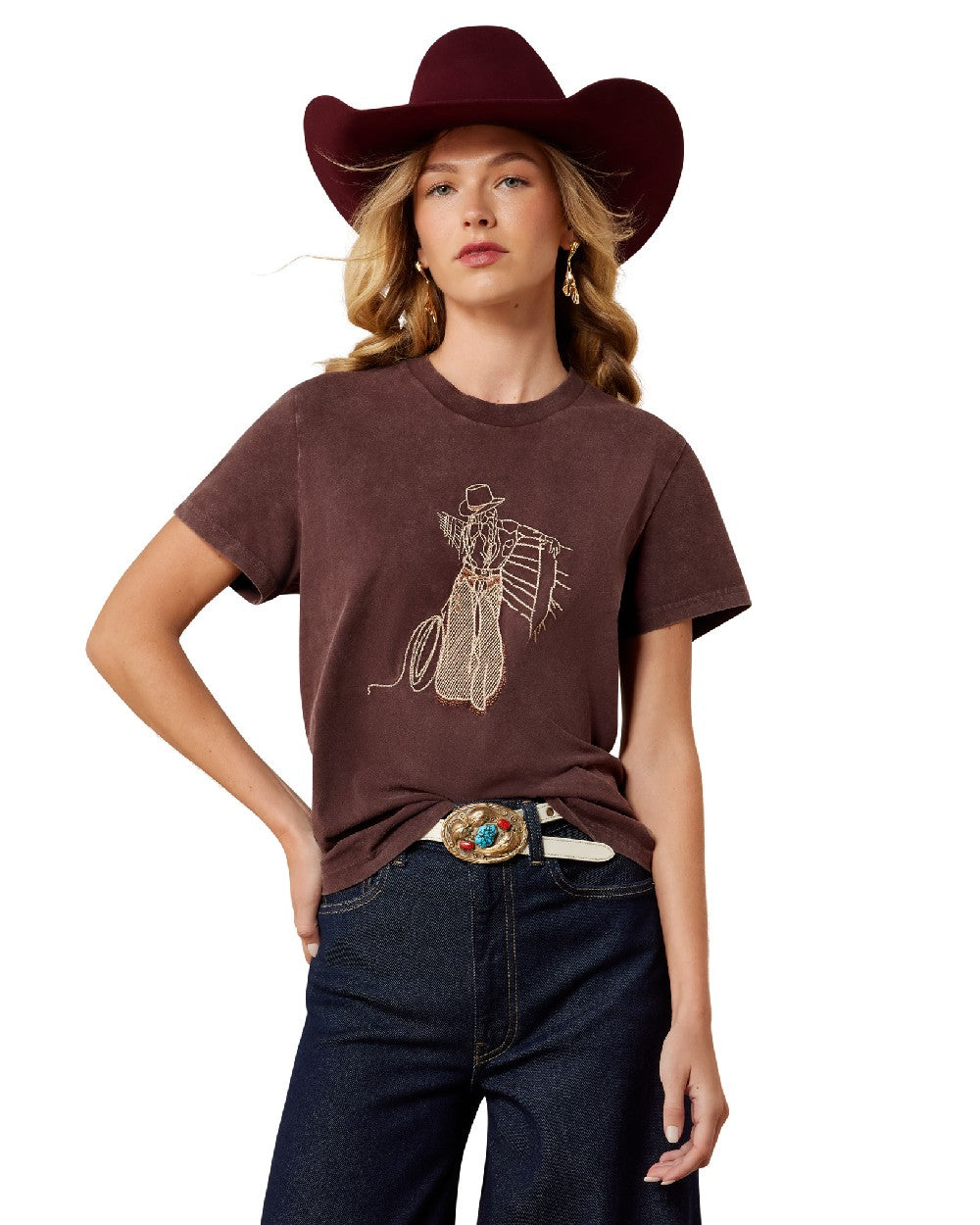 Chocolate Plum coloured Ariat Womens Rebel With A Cause T Shirt on white background 