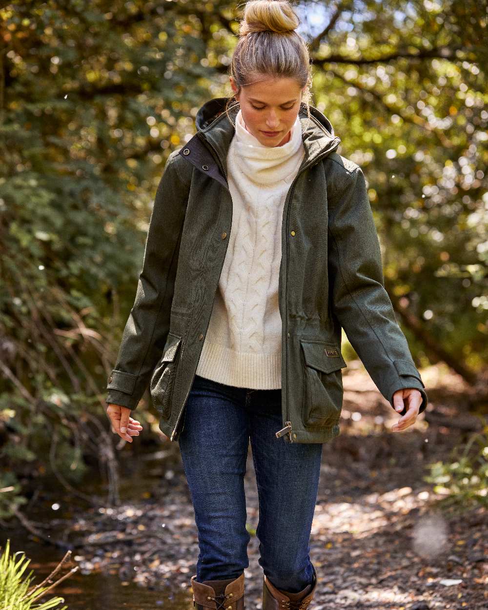 Rosin coloured Ariat Womens Rhodium Waterproof Insulated Parka on forest background 