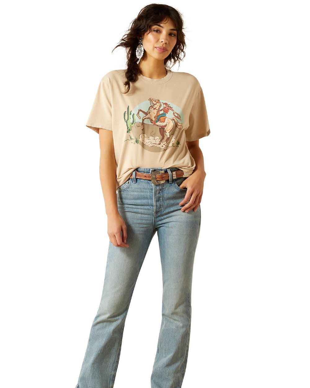 Oyster Grey Coloured Ariat Womens Ride On T-Shirt on white background 