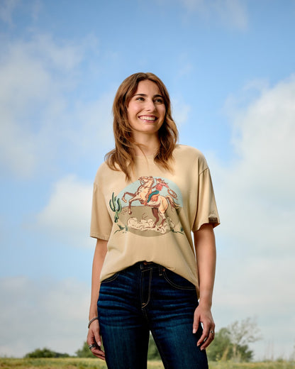 Oyster Grey Coloured Ariat Womens Ride On T-Shirt on outdoor background 