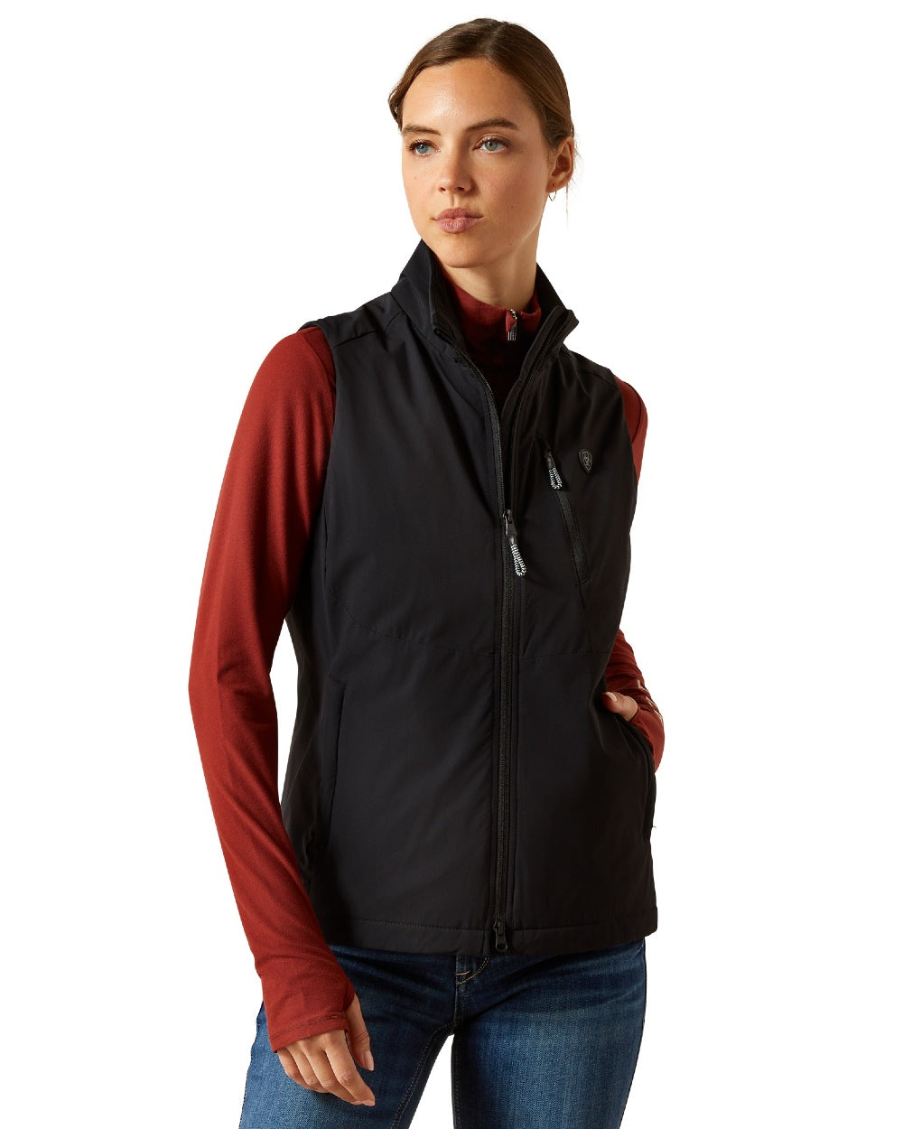 Black Coloured Ariat Womens Rion StretchShell Vest on white background 