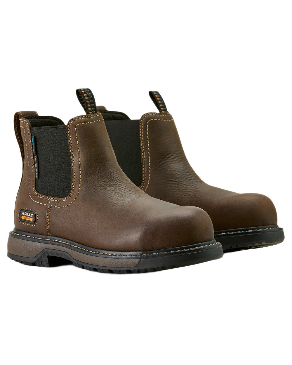 Dark Brown coloured Ariat Womens Riveter Chelsea Waterproof Composite Toe Work Boots on white background 